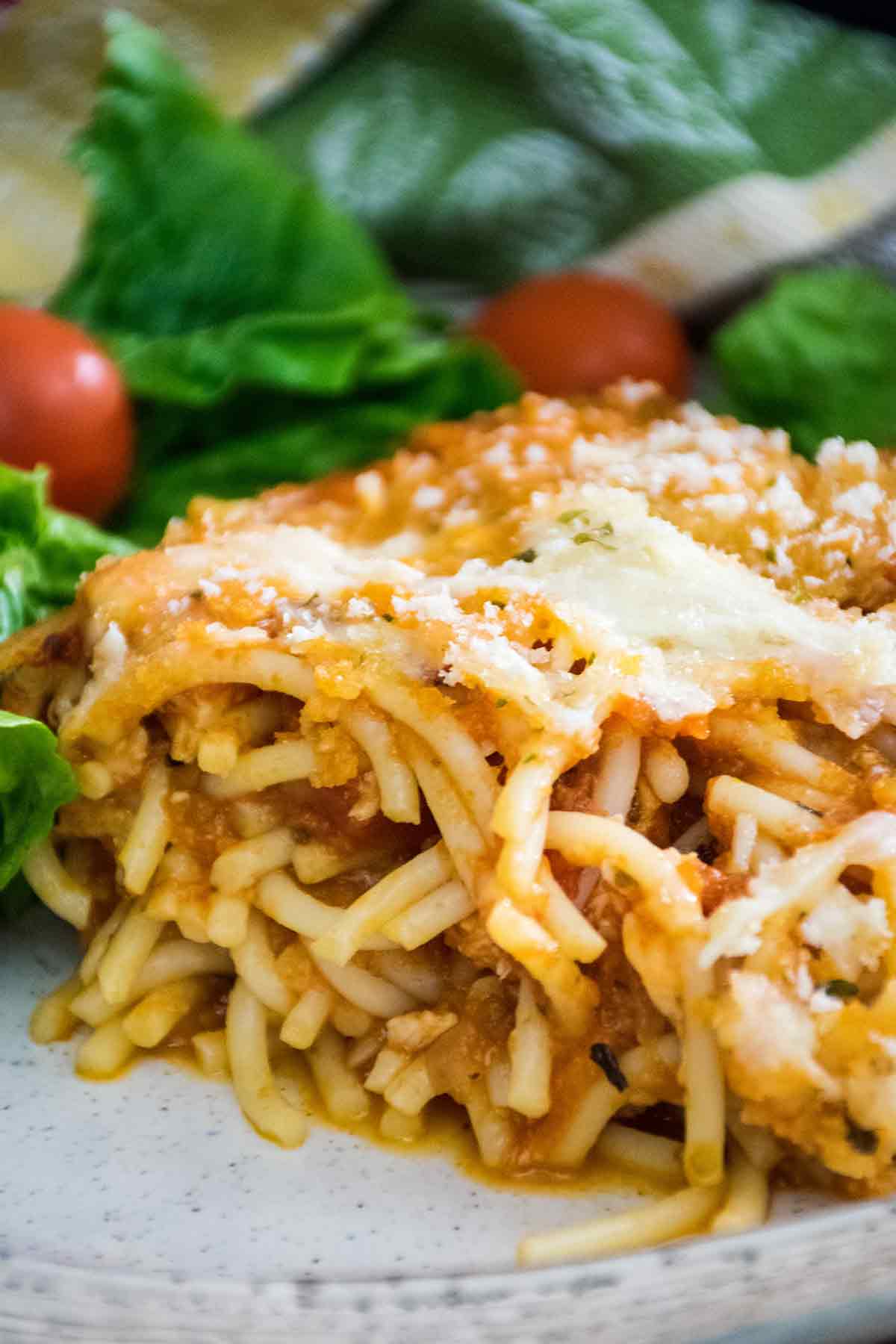 Chicken Parmesan Casserole serving on a plate.