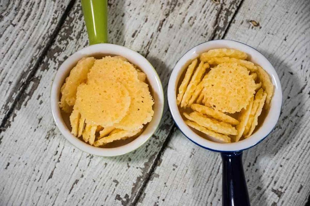 over head view of Parmesan Cheese Crisps in serving dishes