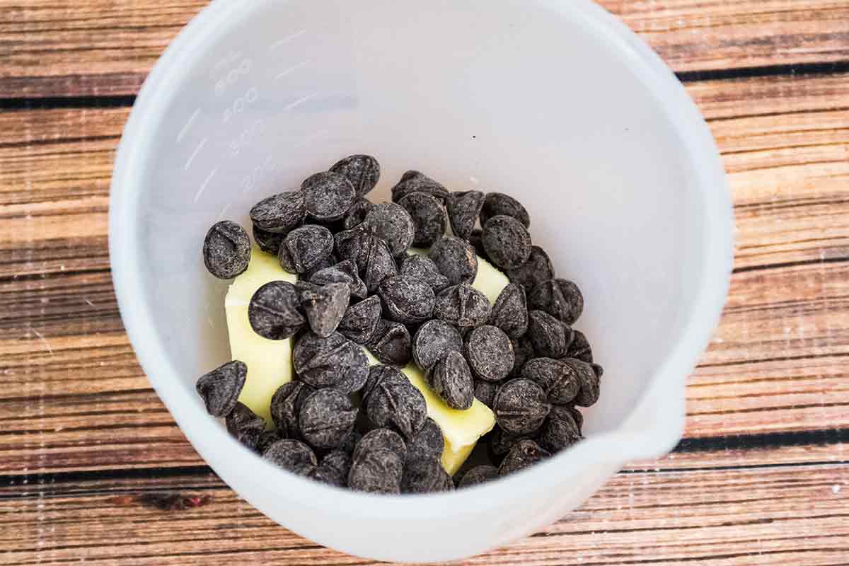 chocolate chips and butter in microwave dish