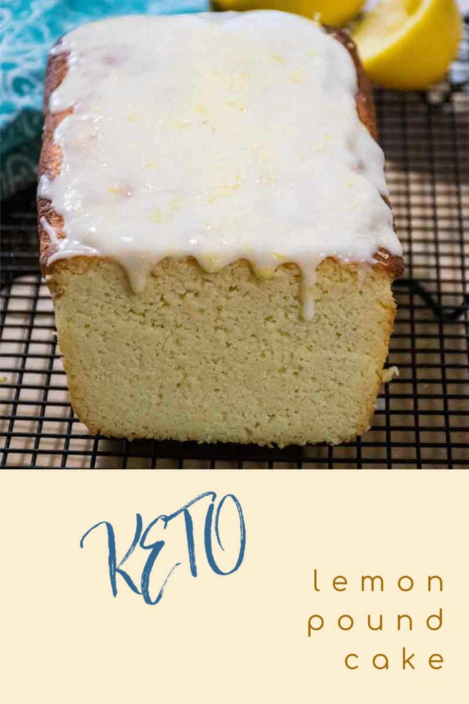 keto lemon pound cake with lemon icing pinnable image