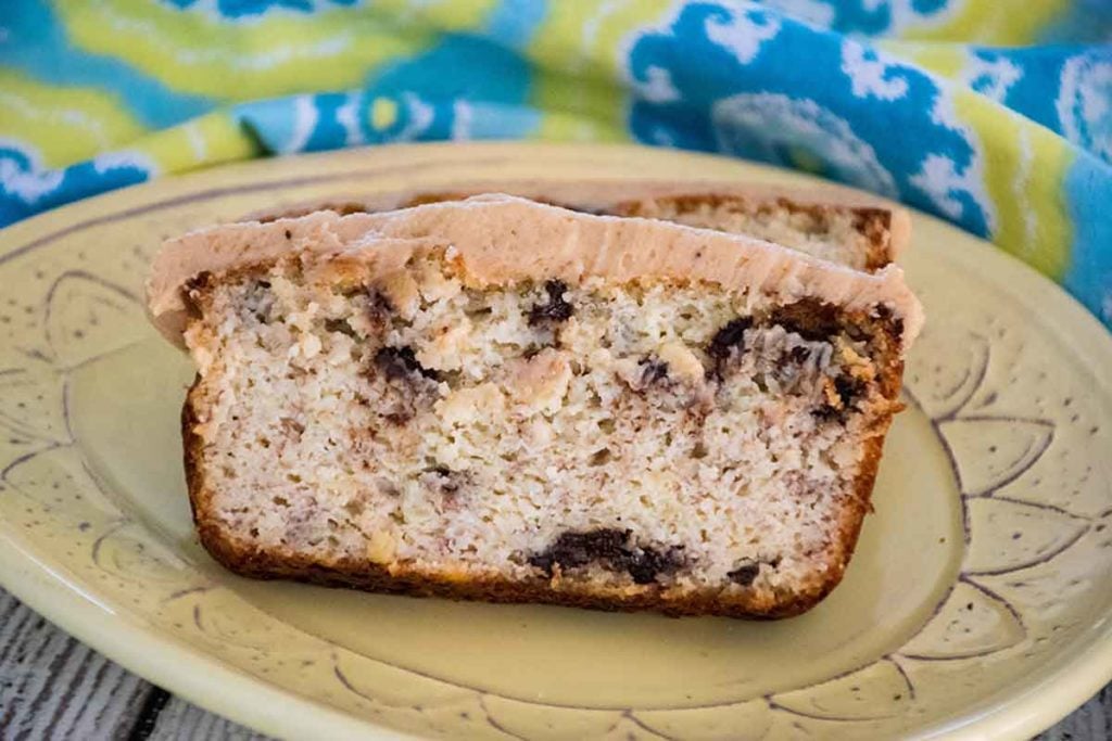 2 slices of Keto Banana Bread on a yellow plate