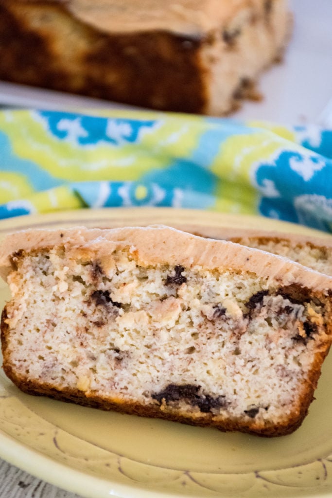 Two slices of Keto Banana Bread on a yellow plate