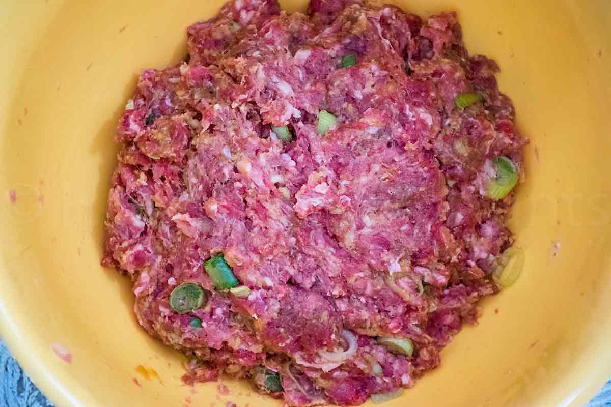 Raw ground meat mixture with chopped green onions in a yellow mixing bowl.
