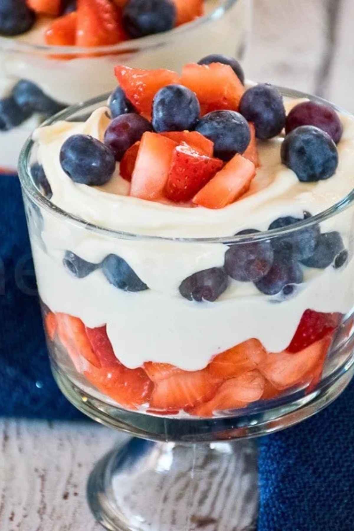 Close-up image of dessert made with layers of cheesecake and berries.