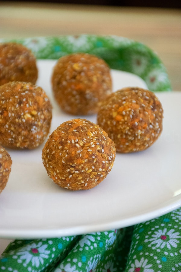 Carrot Cake Energy Bites on a white serving tray