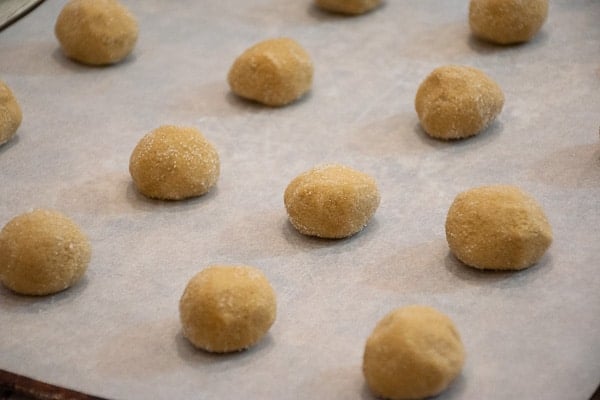 Unbaked peanut butter kisses dough balls rolled in sugar and on the baking sheet.