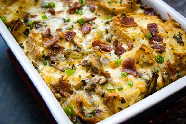 baked mushroom strata in a casserole dish