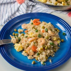 A blue plate filled with shrimp fried rice.