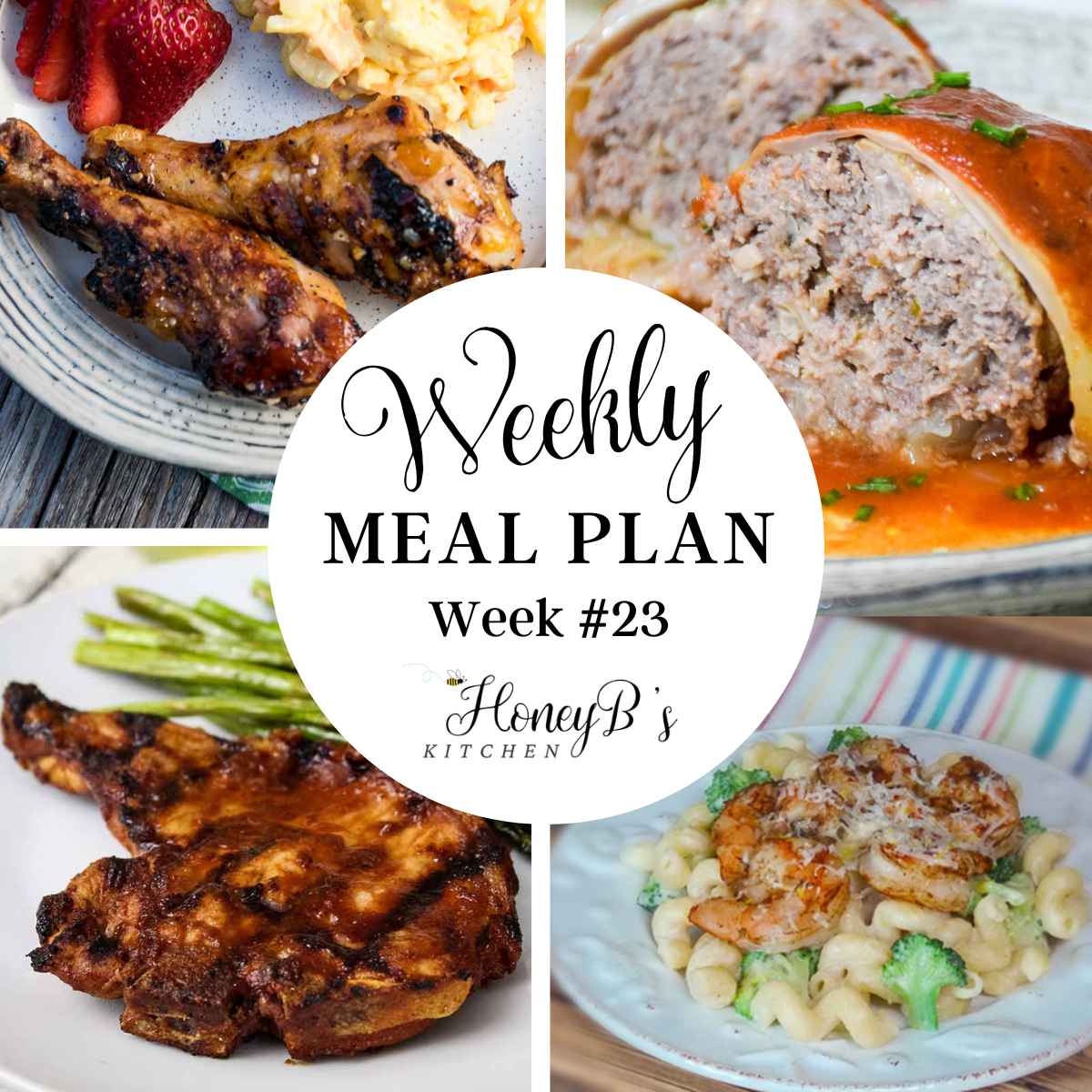 Collage of images for weekly #23 meal plan.