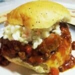 Venison Sloppy Joes served on an onion hamburger bun topped with homemade coleslaw.