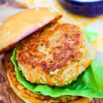 Tofu burger on a toasted bun with lettuce.