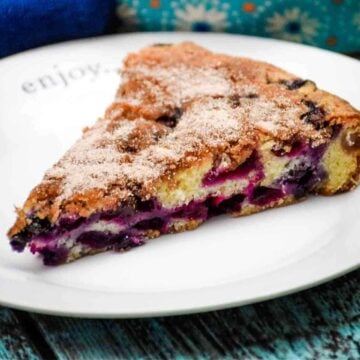 Blueberry Coffeecake on a white plate.