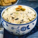 Vegan Cheese Spread in a blue patterned bowl.