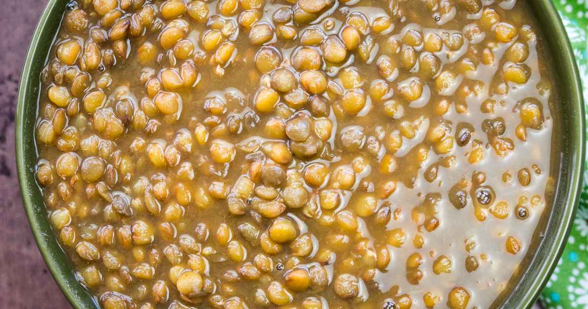 Upclose image of Instant Pot Lentils in a green bowl.