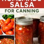 A collage of homemade salsa images featuring a jar of canned salsa, a bowl of fresh Roma tomatoes and jalapeños, and a pot of salsa simmering on the stove, with bold text reading “Easy Homemade Salsa for Canning” and the website grumpyshoneybunch.com at the bottom.