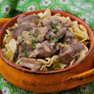 Close up of venison stroganoff served over egg noodles in a rustic orange bowl with green parsley garnish.