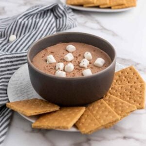 Creamy hot cocoa dip topped with mini marshmallows and cocoa powder in a dark bowl, served with graham crackers on a white plate.