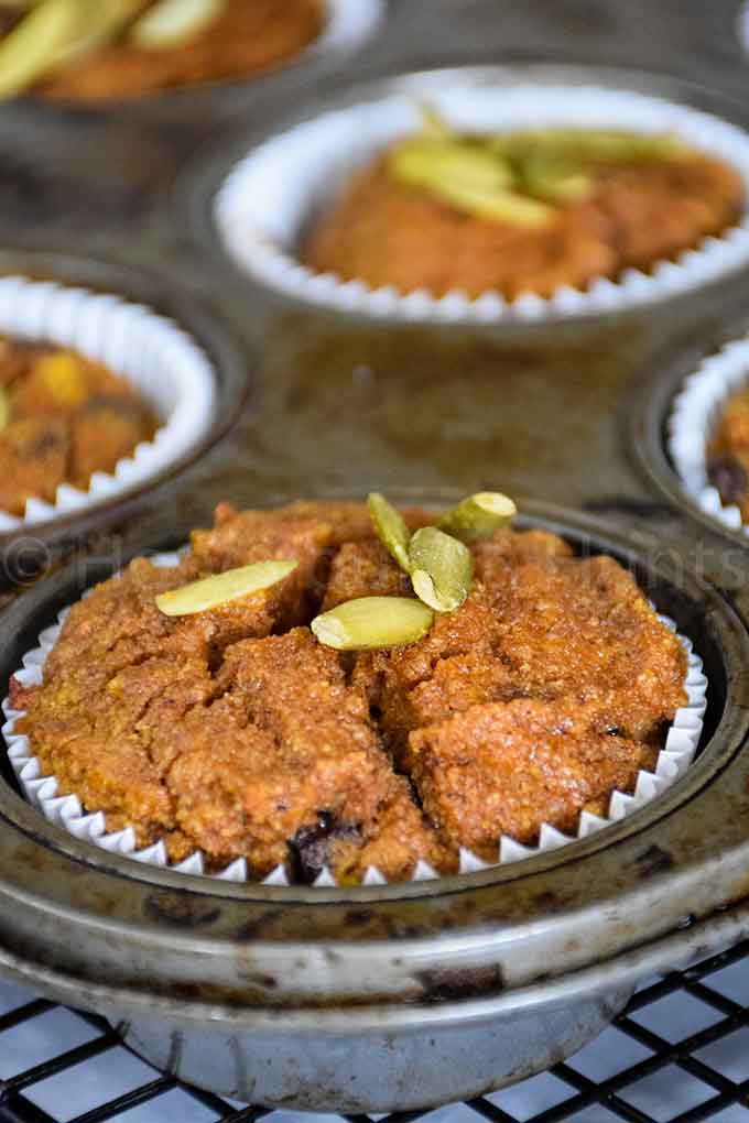 Close up of a baked paleo pumpkin muffin in a muffin tin, cracked on top and sprinkled with pepitas.