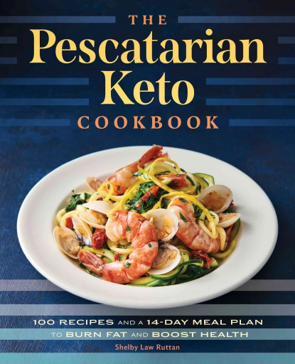 A cookbook cover featuring a white plate full of shrimp, clams, zucchini noodles, and vegetables against a dark blue background.