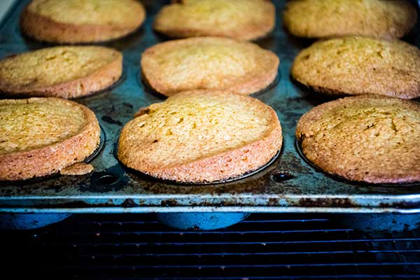 Pumpkin muffins freshly baked in a muffin tin with golden brown tops still in the pan.