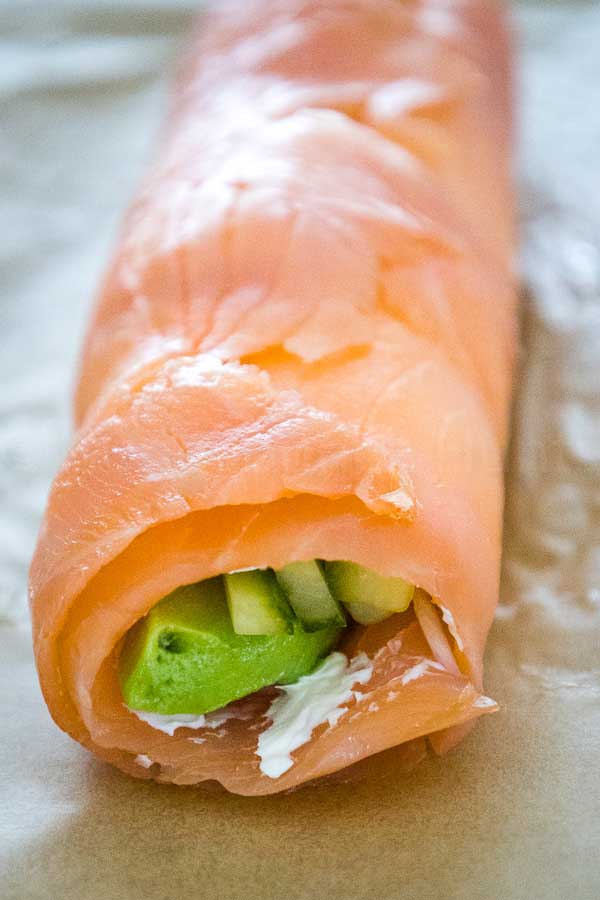 Smoked salmon rolled around avocado, cucumber and cream cheese.