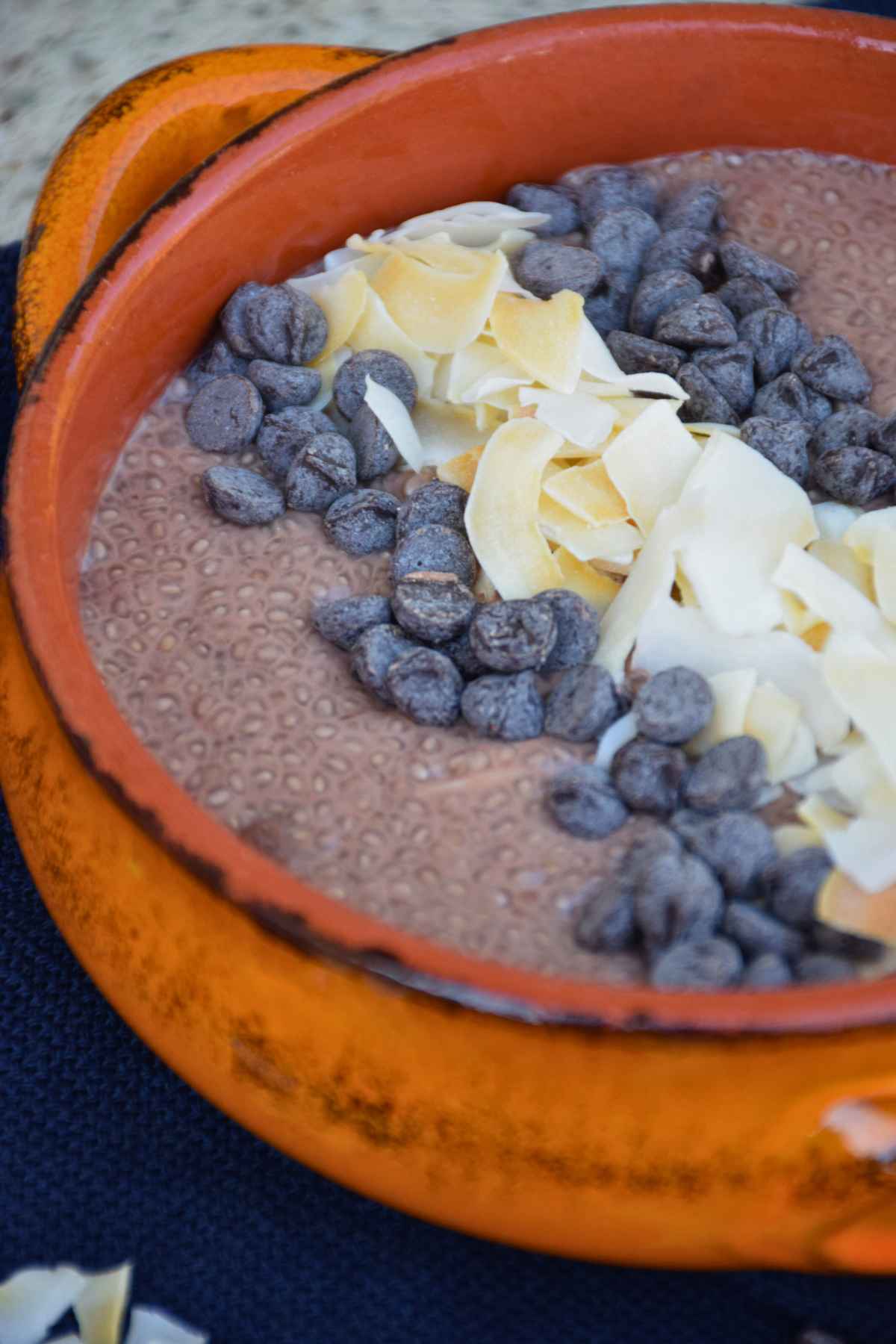 Close-up of chocolate chia pudding topped with chocolate chips and toasted coconut flakes in a rustic orange bowl.