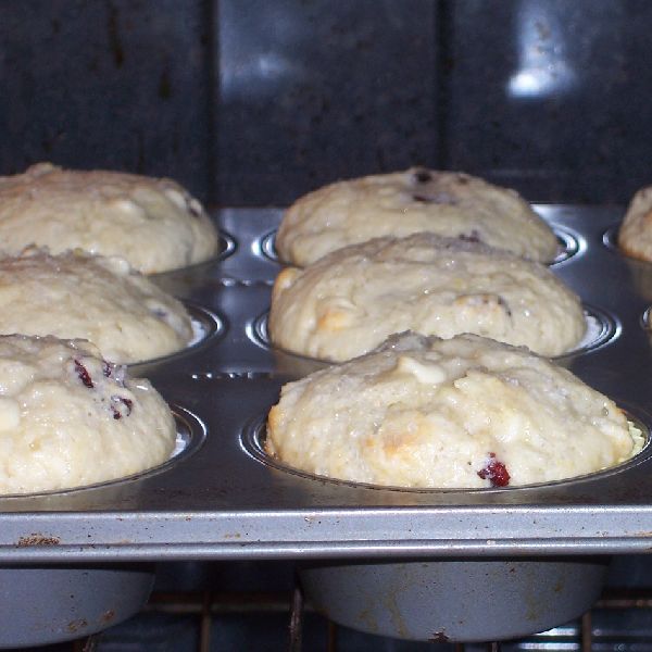 Muffin tin filled with freshly baked coconut cranberry muffins rising in the oven.