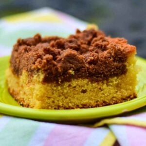Crumb Cake Recipe with Chocolate Crumb Topping on a neon plate and a pastel striped towel.