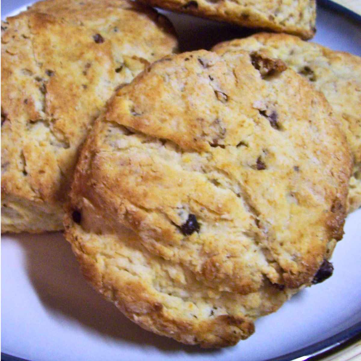 Golden brown pecan sour cream biscuits stacked on a plate, showing a flaky texture with bits of pecan inside.