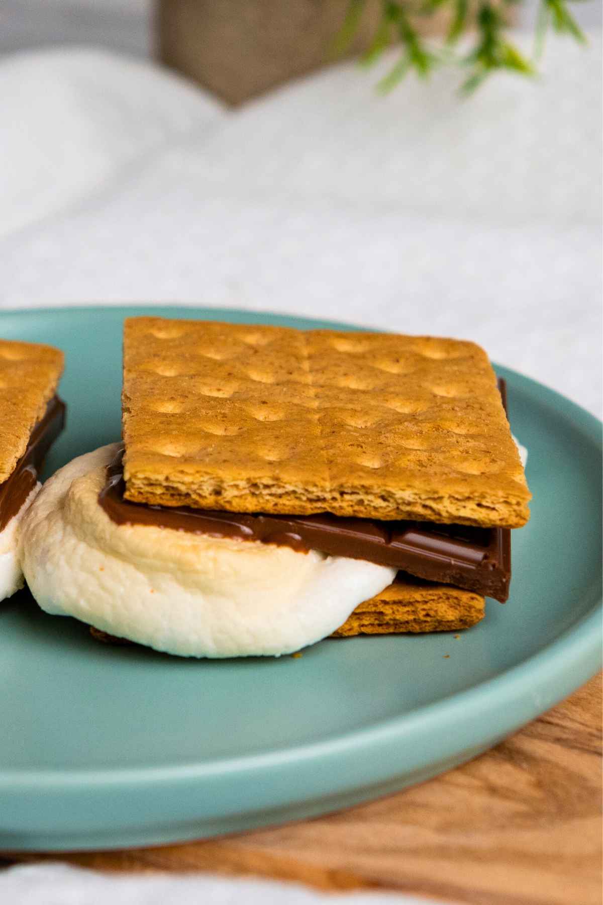 Close up side view of an Air Fryer S'more with melted chocolate and toasted marshmallow between graham crackers on a teal plate.