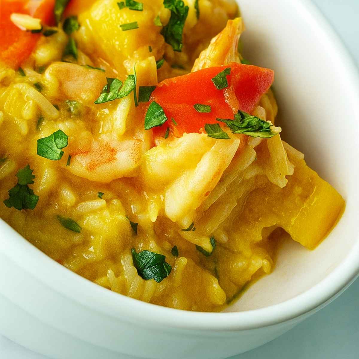 Extreme upclose image of coconut shrimp curry with jasmine rice, butternut squash, red bell pepper and shrimp.