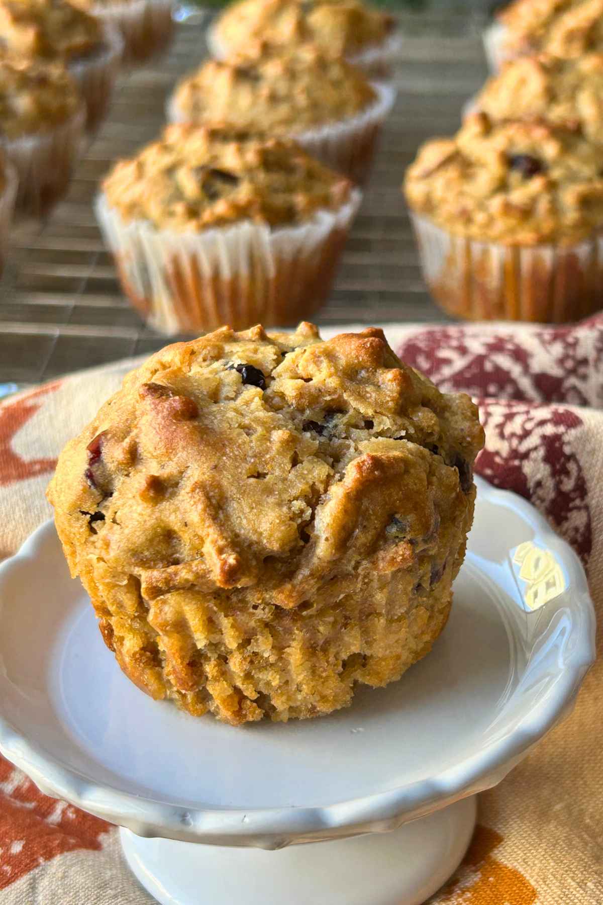 One Cranberry All-bran muffin on white plate with more muffins on a cooling rack in the background.