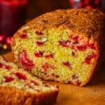 Golden cranberry bread loaf on a wooden board, surrounded by warm candlelight.