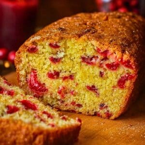 Golden cranberry bread loaf on a wooden board, surrounded by warm candlelight.