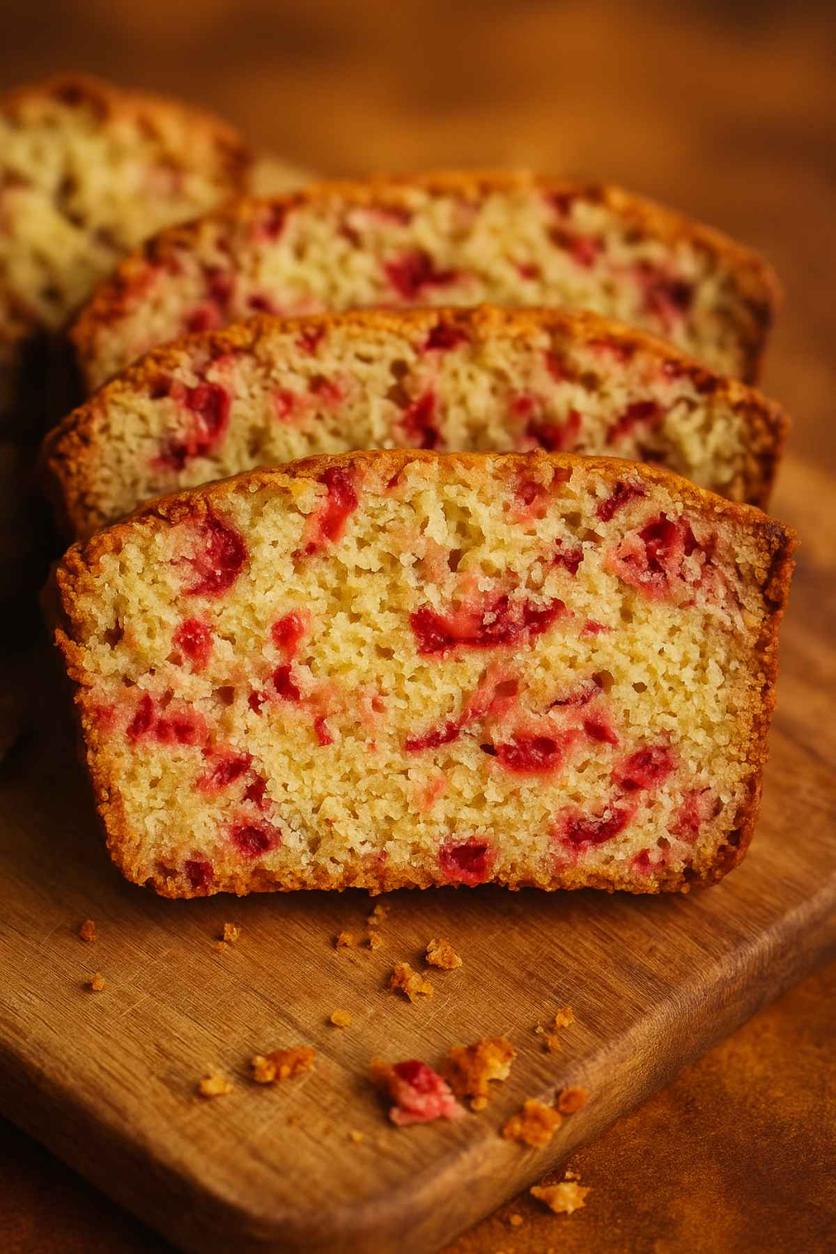 A line up of 3 slices of cranberry bread on a wooden board.