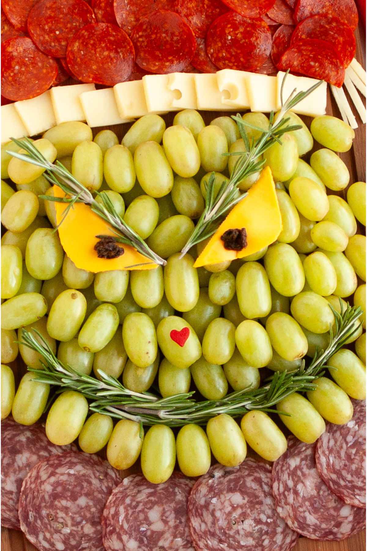 Close up view of Grinch charcuterie board.