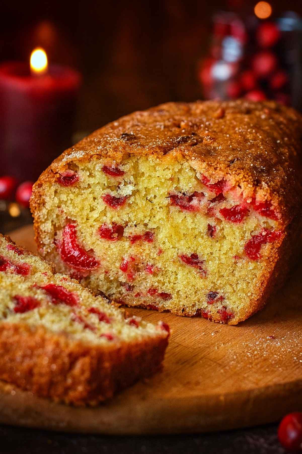 Golden cranberry bread loaf on a wooden board, surrounded by warm candlelight.