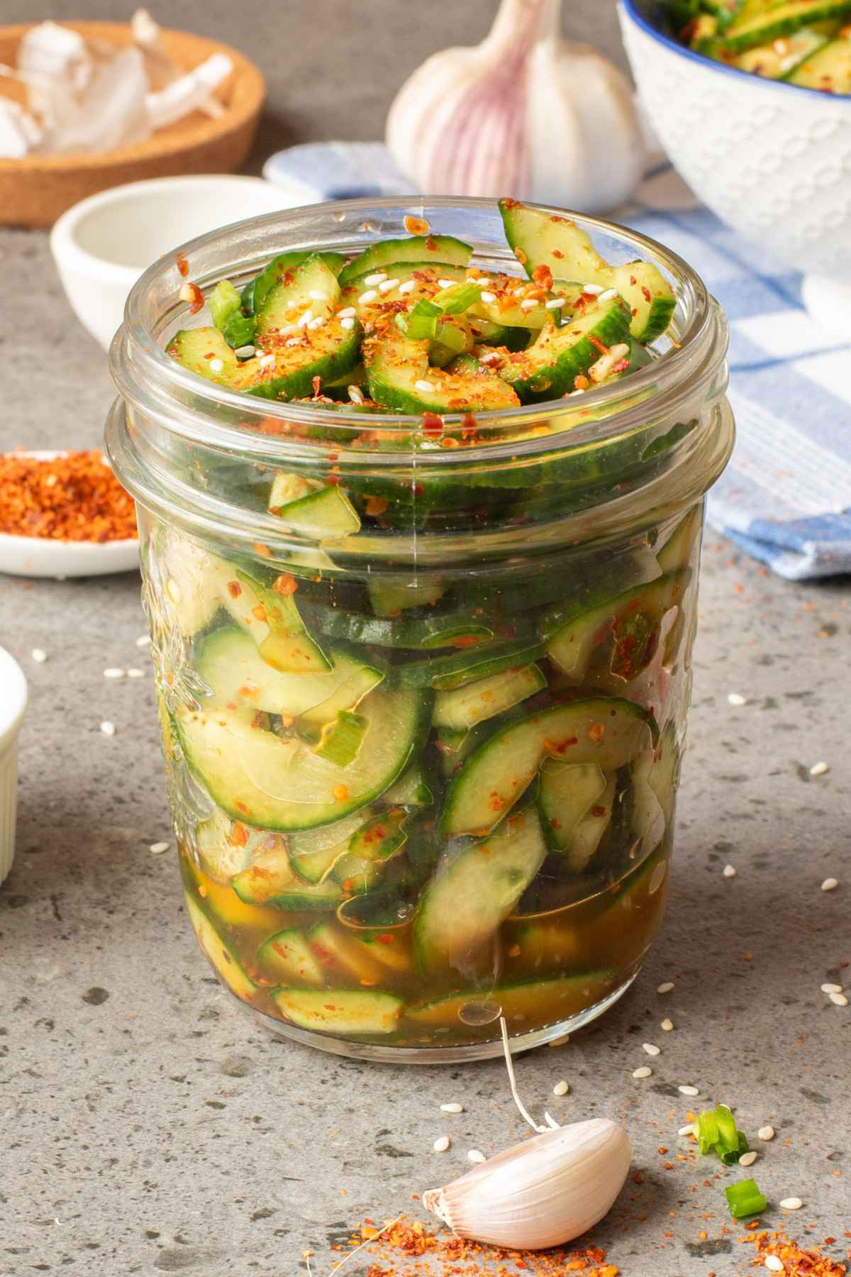 A storage jar filled with cauliflower kimchi.