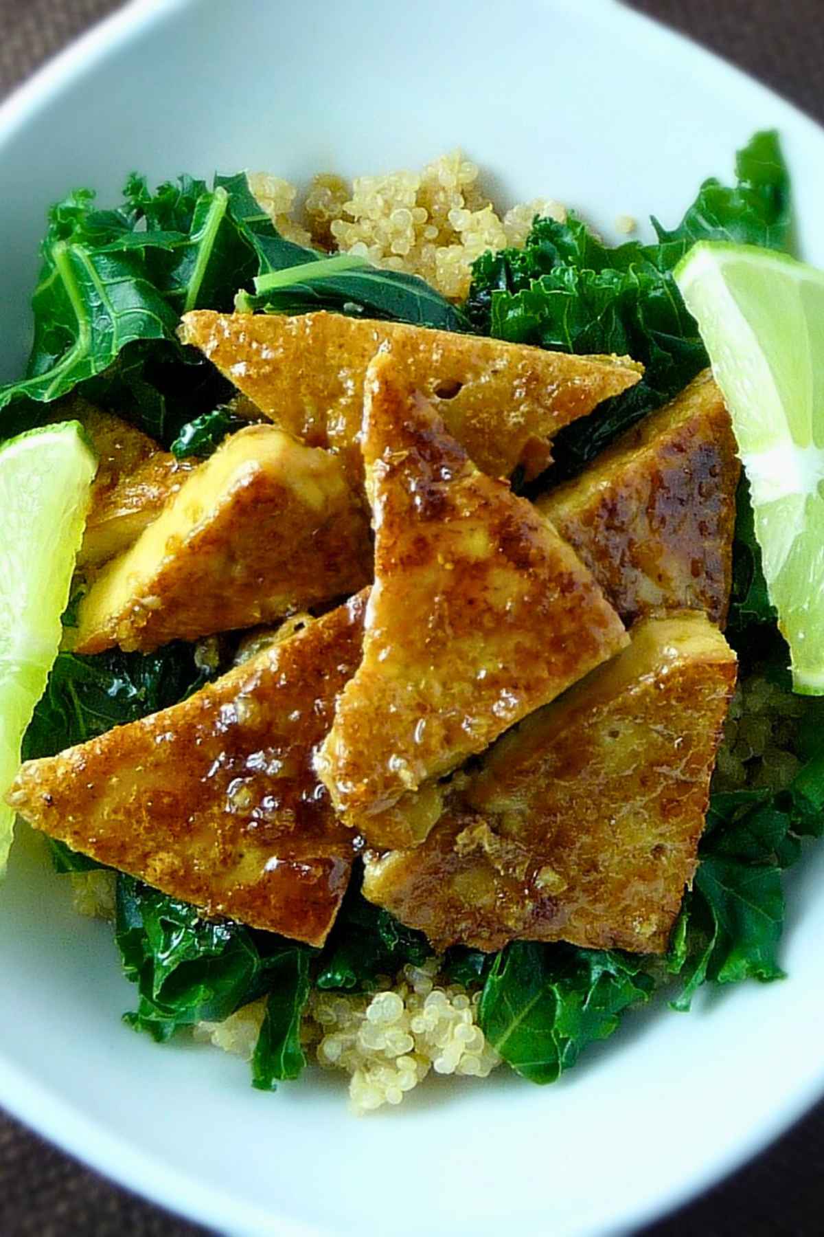 Overhead image of Tofu Quinoa Bowl with Sweet Chili Lime Glaze.
