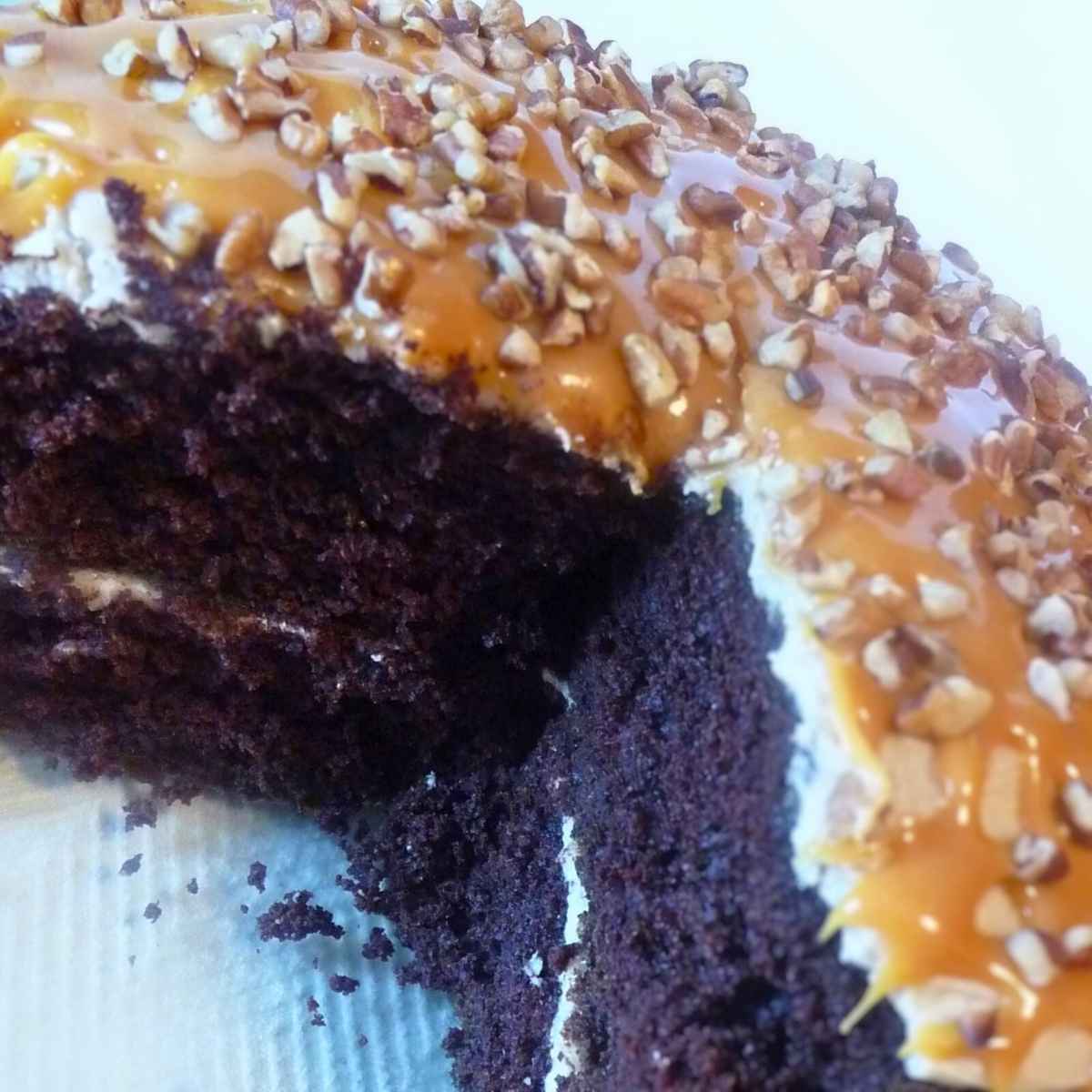 Chocolate Caramel Cake cut into showing the inside texture of the cake and frosting layers.