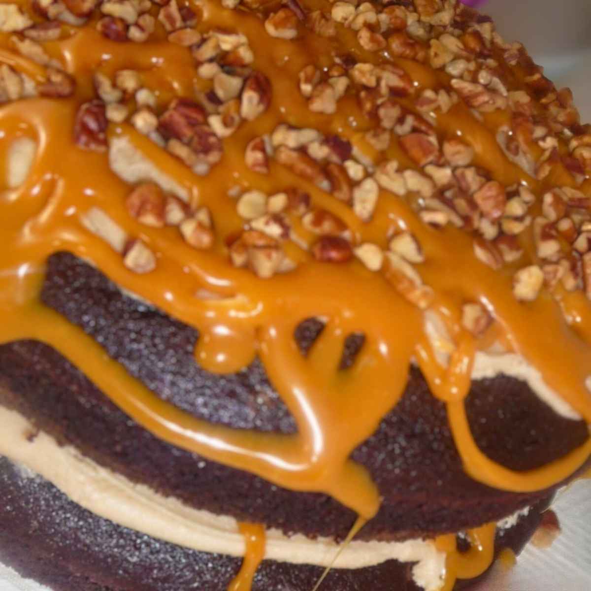 Upclose image of chocolate caramel cake with caramel drizzle and pecan topping.