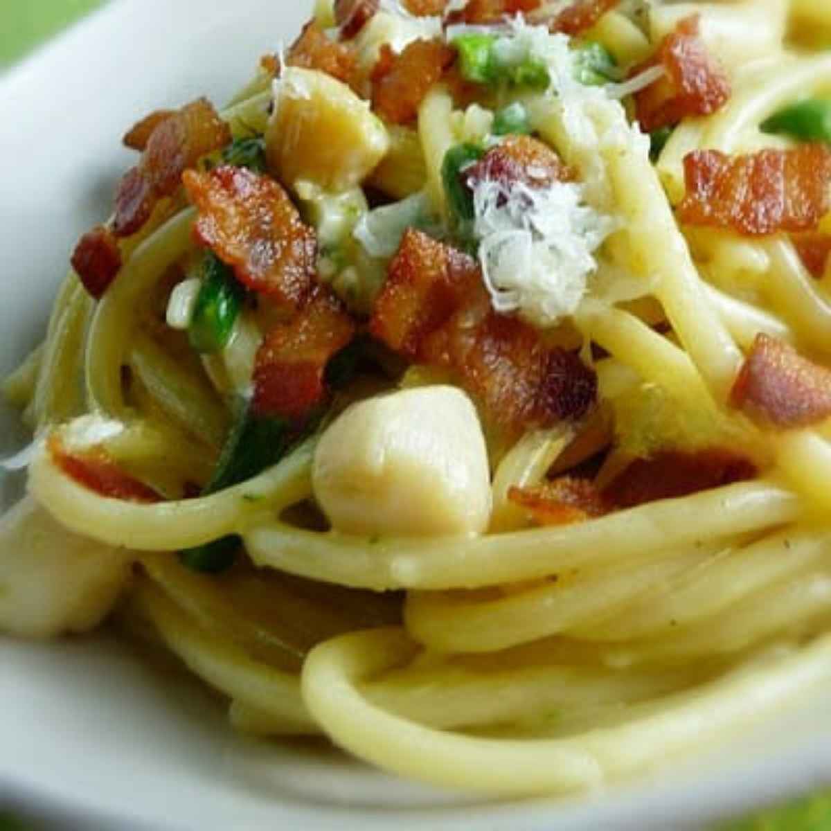 Extreme close up of a bowl of bucatini pasta, baby scallops, crispy bacon, asparagus pieces, and fresh grated parmesan cheese in a white bowl.