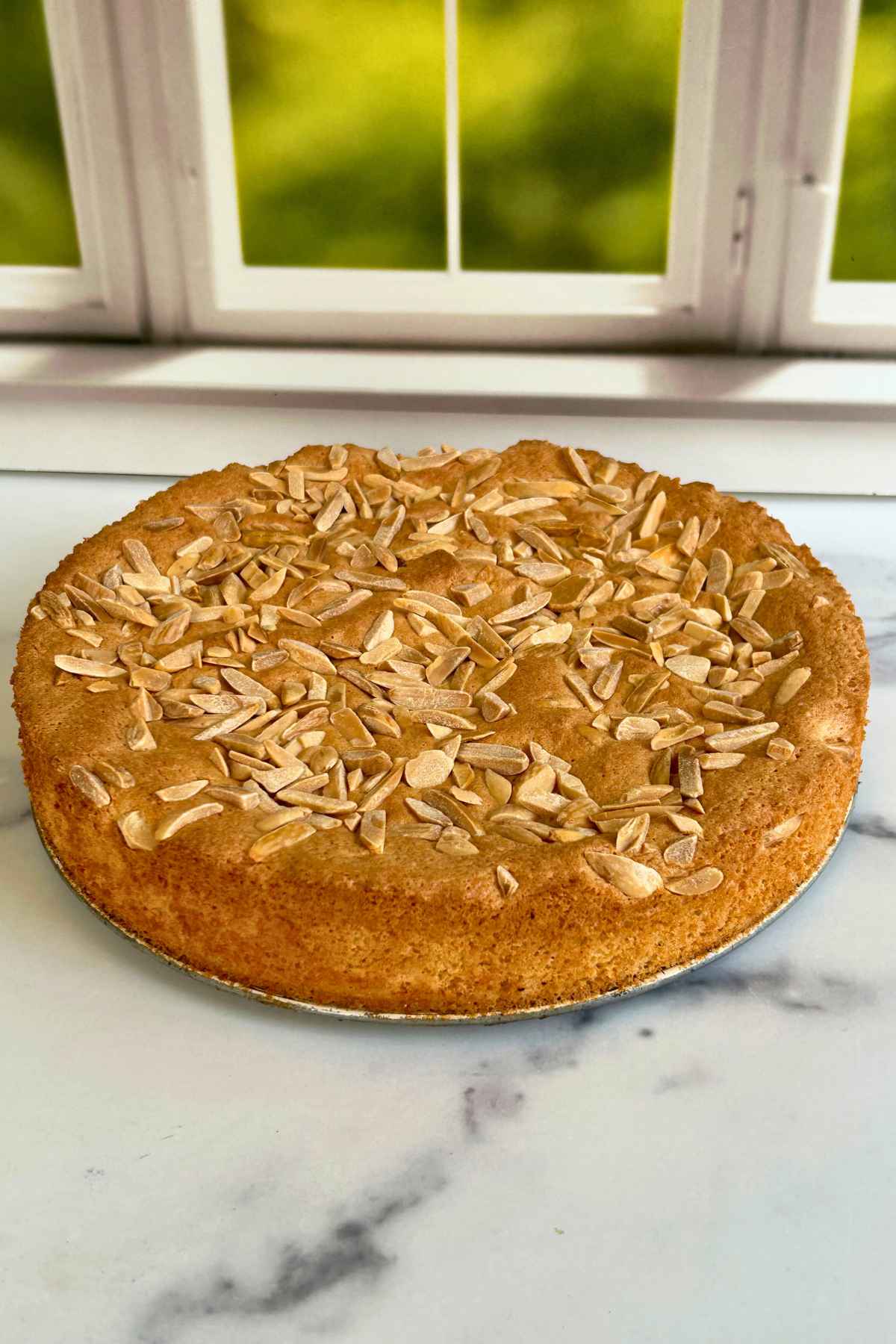 A top-down view of a moist almond flour cake garnished with sliced almonds on a marbled counter top in front of a window.