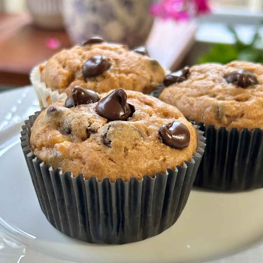 A close-up of 3 peanut butter banana muffins dotted with melty chocolate chips wrapped in black paper liners on a white plate.