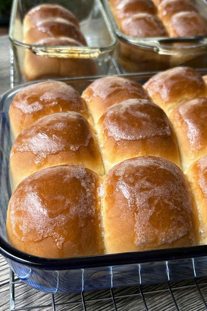 Golden brown, shiny sweet dinner rolls baked in a blue glass dish.
