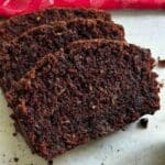 Close-up of sliced double chocolate zucchini bread.