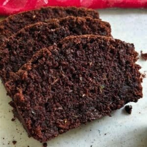 Close-up of sliced double chocolate zucchini bread.