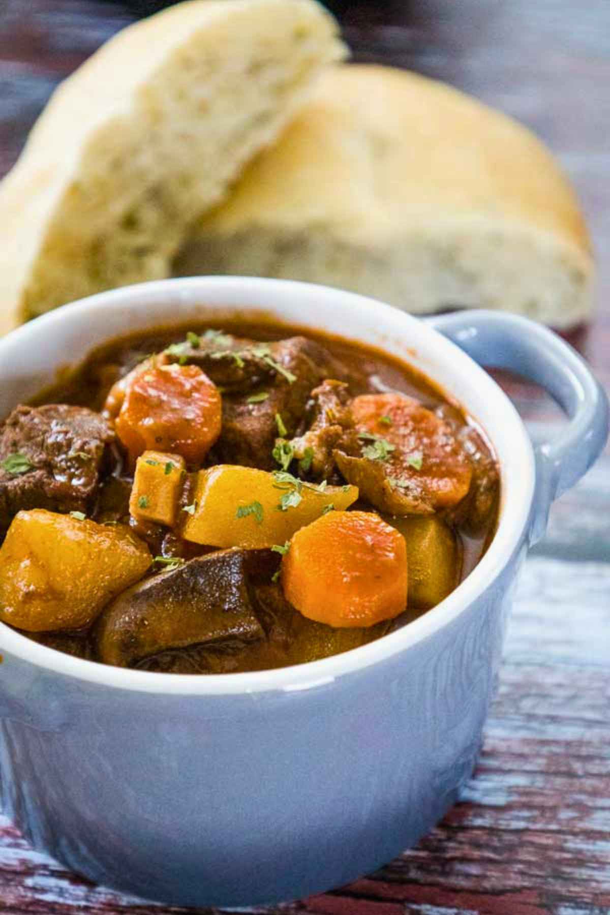 A gray bowl with pieces stew meat and veggies in a flavorful wine based broth.