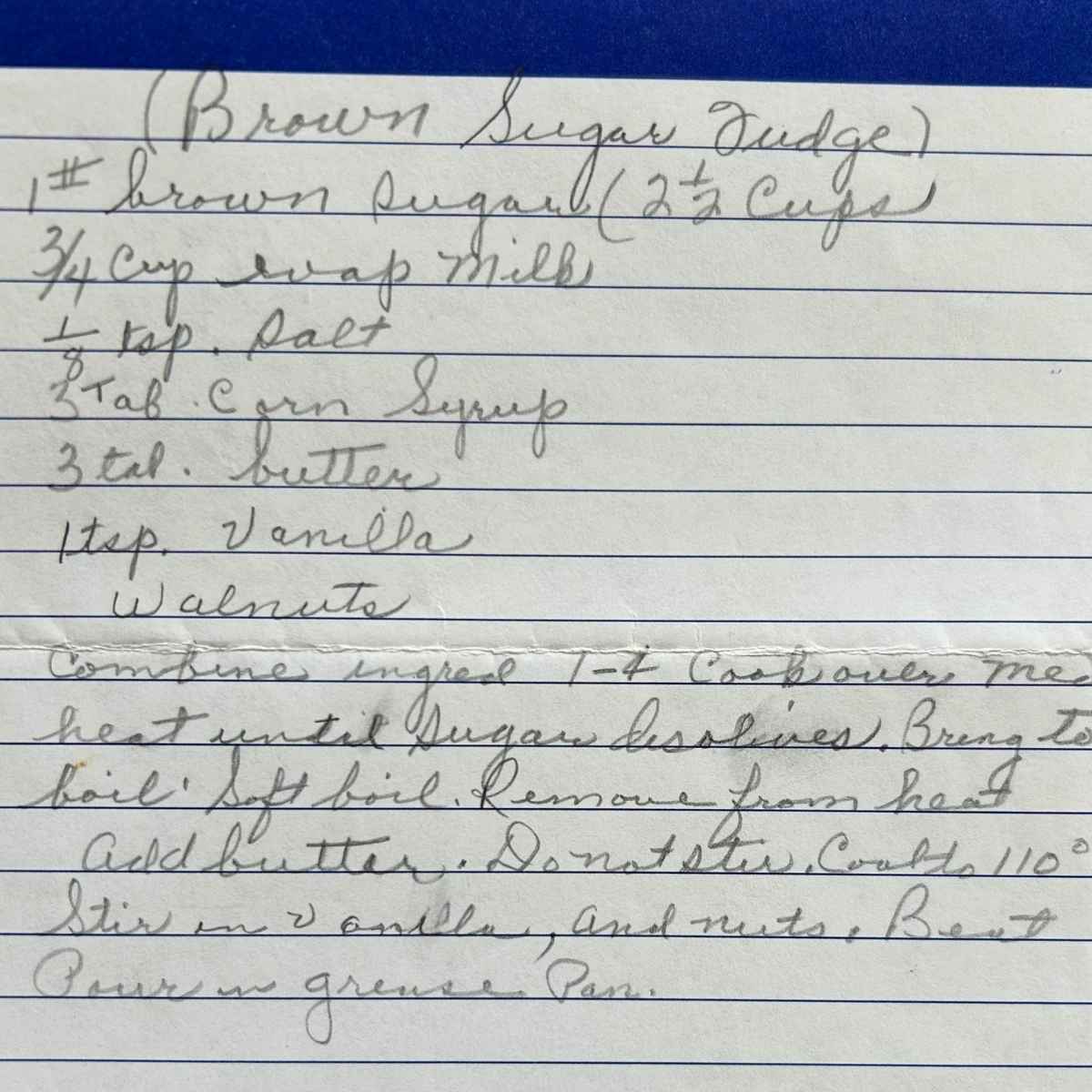 Nanny's handwritten recipe card for Brown Sugar Fudge.
