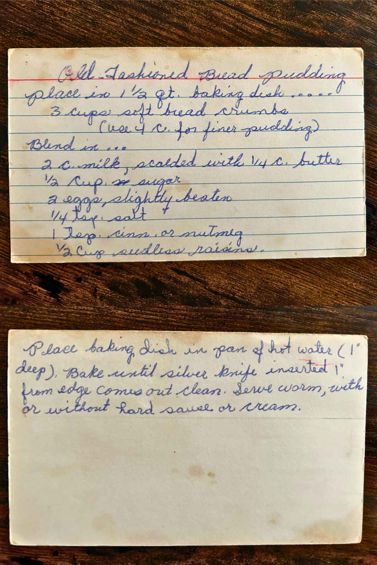 Worn and used recipe card for Old Fashioned Bread Pudding from my Nanny's recipe box.